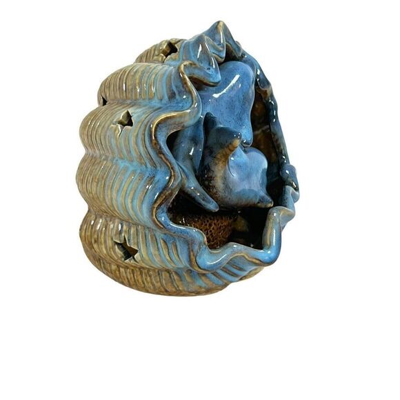 Pottery Dolphin Votive Candle Holder Blue Tealight Seashell Beach Conch Shell - Picture 4 of 8